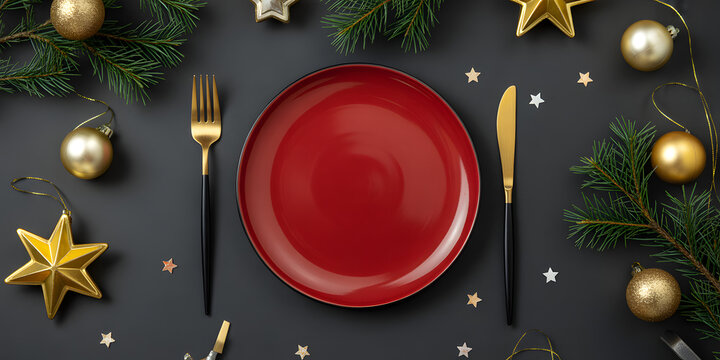 Festive Christmas table setting with red plate golden cutlery and star ornaments perfect for holiday celebrations and seasonal dinin