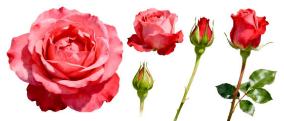 Realistic rose flower set with multiple bloom stages and colors isolated on clean Transparent background, elegant floral element collection
