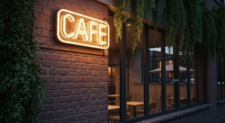 Cafe entrance with neon sign and brick wall, ivy creeping down