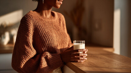 African-American Woman in Terracotta Sweater Holding Glass of Milk in Warm Golden Light, Generative AI
