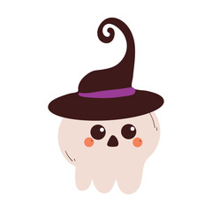 cute hand drawing cartoon skull with witch hat for halloween sticker