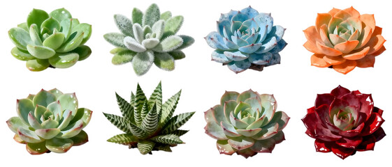 Realistic succulent plant set with multiple rosette variations isolated on Transparent background, detailed botanical element collection
