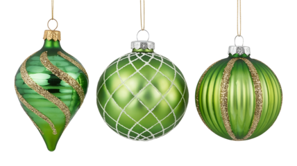 Three green glass Christmas ornaments isolated on transparent background