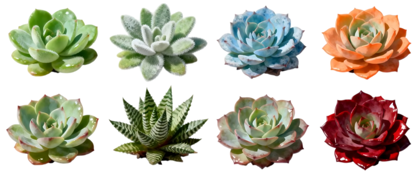 Realistic succulent plant set with multiple rosette variations isolated on Transparent background, detailed botanical element collection
