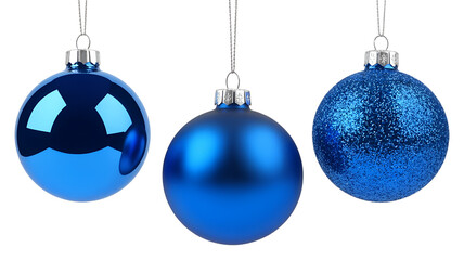 Three blue Christmas ornaments isolated on transparent background