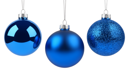 Three blue Christmas ornaments isolated on transparent background