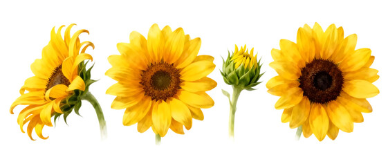 Realistic sunflower set with multiple bloom stages isolated on clean transparent background, bright floral element collection
