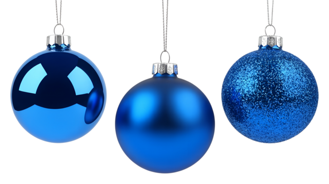 Three blue Christmas ornaments isolated on transparent background