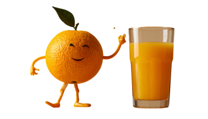 Animated orange character smiling, with a glass of juice. Realistic textures. Isolated