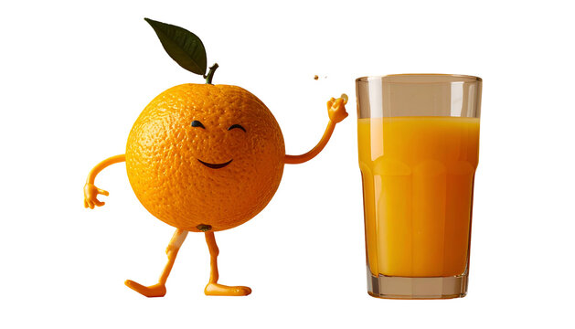 Animated orange character smiling, with a glass of juice. Realistic textures. Isolated