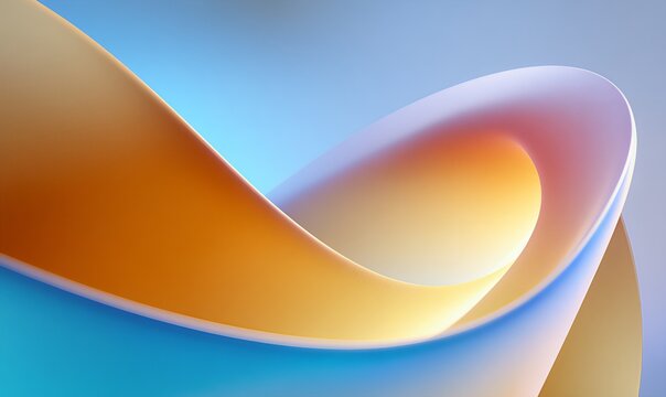 Modern 3D abstract background featuring an elegant golden-orange curved shape against a soft blue sky backdrop. Minimal design for corporate presentations or wallpaper.