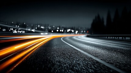 Obraz premium Night road with dynamic light trails. Long exposure car traffic motion blur on an asphalt street. Abstract urban background with city bokeh and curves.