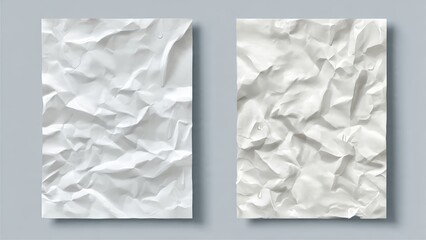 Two crumpled white paper sheets with shadows on a gray background textured and wrinkled