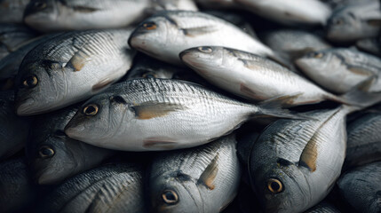 Obraz premium High-Quality Concept of Fresh Fish Piled Together in a Commercial Market Setting for Seafood Business Use or Culinary Applications