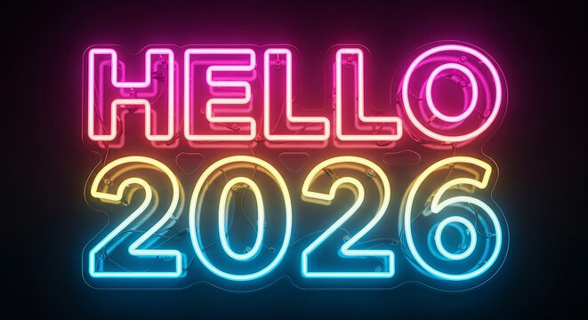 Neon sign displaying hello 2026 in vibrant pink and yellow, set against a dark background, symbolizing the arrival of the new year with a modern and energetic feel