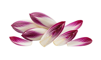 Fototapeta premium Pile of fresh red endive heads and leaves on a white background.