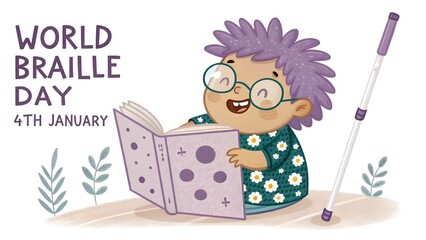 World braille day illustration with a child reading a book