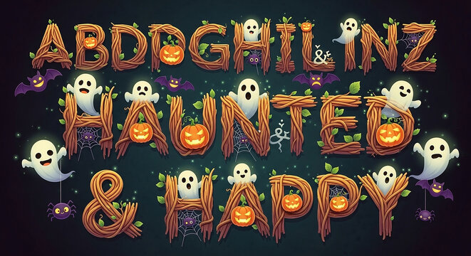 Haunted and happy halloween text with spooky ghosts, pumpkins, bats, and cobwebs on a dark, textured background, featuring a unique twig font