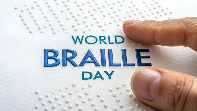 Closeup of finger reading world braille day text on paper