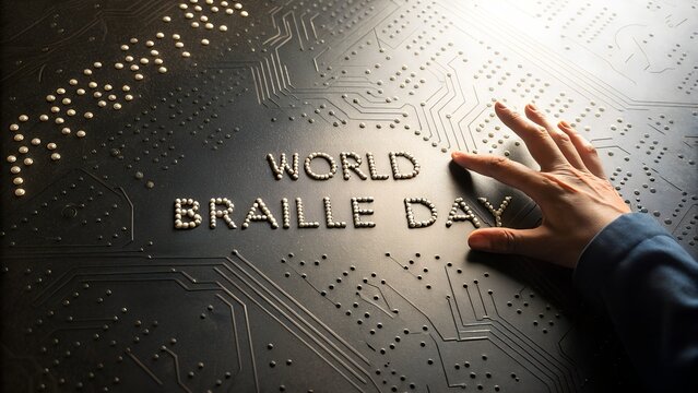 World braille day text formed by dots with a hand touching it