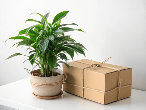 A potted green plant next to a brown cardboard box tied with string