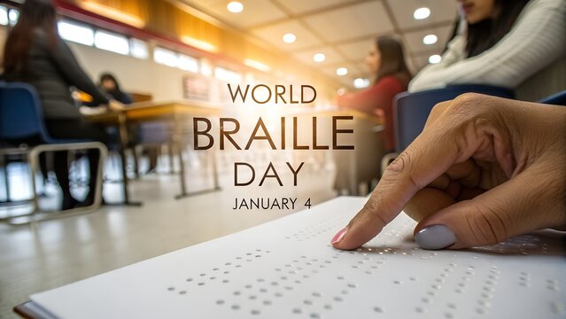 World braille day celebration with a finger reading braille text