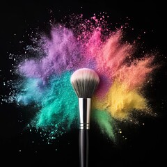 Makeup brush with colorful powder explosion on black background
