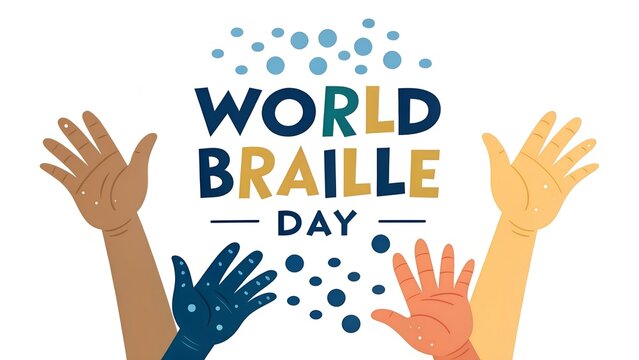 World braille day with raised hands and colorful text - Powered by Adobe