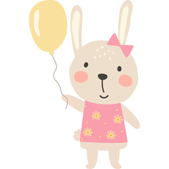 Adorable cartoon bunny wearing a pink floral dress and a pink bow holds a yellow balloon in a simple illustration style perfect for children's themes