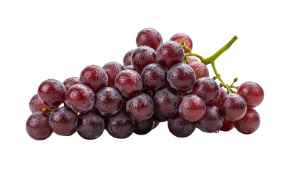 A close-up studio shot of a ripe bunch of red grapes with water droplets on a white background.