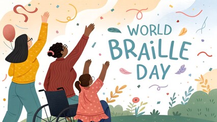 World braille day illustration with diverse people celebrating