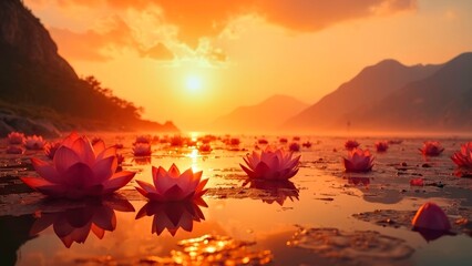 Landscape of Flower Sea under Sunset by the Lake