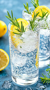 Sparkling lemon rosemary drink glass ice citrus garnish refreshing bubbly cocktail