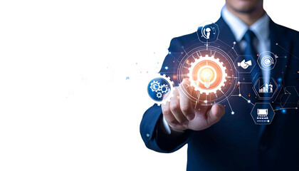 Man in suit interacting with digital interface of gears, light bulb & icons