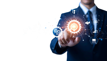 Man in suit interacting with digital interface of gears, light bulb & icons
