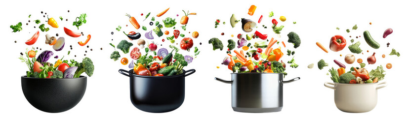 Colorful Fresh Vegetables Flying from Cooking Pots and Bowls, Isolated on Transparent Background