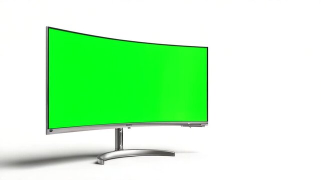A modern curved computer monitor with a green screen, placed against a white backdrop