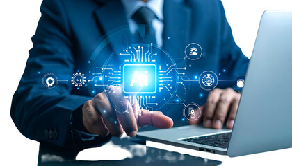 A suited person interacts with a laptop, overlaid with an AI-themed digital circuit graphic
