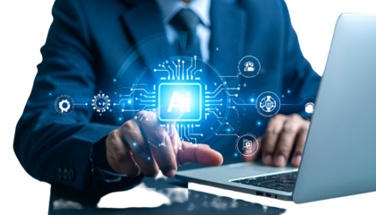 A suited person interacts with a laptop, overlaid with an AI-themed digital circuit graphic