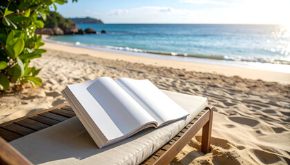 A serene beachside lounge scene with an open blank magazine resting on a chair, bathed in warm sunlight, perfect for summer relaxation and reading