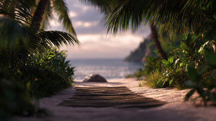 Tranquil Pathway Through Lush Palm Trees Leading to Serene Tropical Beach at Sunset, Ideal for Travel and Adventure Themes