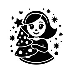 Young woman holding a small decorated christmas tree with star on top