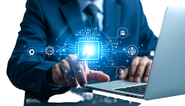 A suited person interacts with a laptop, overlaid with an AI-themed digital circuit graphic