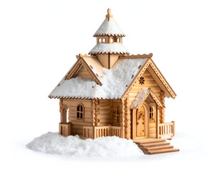 Naklejka premium Flygen A detailed birch wood ornament resembling a snow-covered traditional church, presented in a studio shot isolated on a white background
