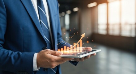 Man holds tablet with a bright, rising bar graph overlay