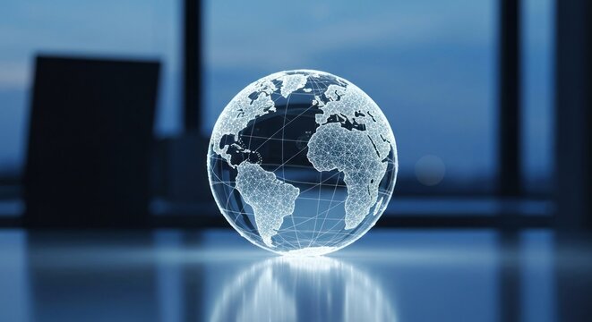 Luminous globe with wireframe continents on a reflective surface in a modern setting