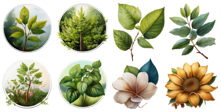 Collection of Botanical Illustrations Featuring Various Greenery Types, isolated on transparent background - Powered by Adobe