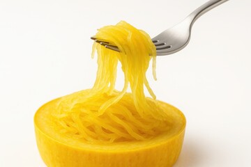 Ripe spaghetti squash interior close view with glossy strands lifted slightly by a plain stainless fork