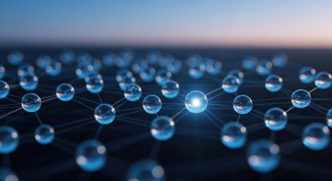 Molecular network with glowing node on dark background fades to horizon