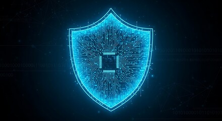 Fototapeta premium Digital Shield: Cybersecurity Concept with Glowing Circuitry and Binary Code, Showcasing Network Security, Data Protection, and Advanced Technology (155 Characters)